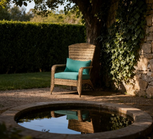 English Elm Soft Cushioned Wicker Adirondack Patio Chair with Tall Curved Back and Wide Armrests T3971P417331