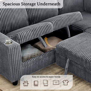English Elm L-shaped Sectional Sleeper Sofa with Hidden Storage Usb Charging Corduroy Upholstery Grey W1998S00092