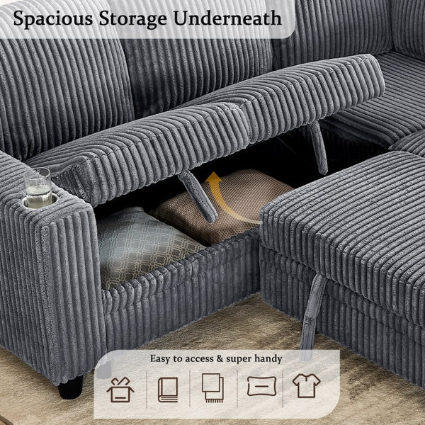English Elm L-shaped Sectional Sleeper Sofa with Hidden Storage Usb Charging Corduroy Upholstery Grey W1998S00092
