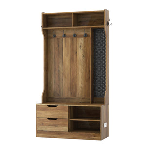 English Elm Hall Tree Entryway Organizer with 6 Hooks, Storage Bench & Open Shelves for Shoes and Coats Brown 58.46 L x 21.85 W x 6.5 H W1321P190219