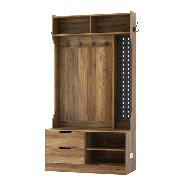 English Elm Hall Tree Entryway Organizer with 6 Hooks, Storage Bench & Open Shelves for Shoes and Coats Brown 58.46 L x 21.85 W x 6.5 H W1321P190219