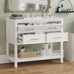 English Elm Christopher Knight Home® - 36" Modern Bathroom Vanity with Ceramic Sink, Tip-Out Tray, Soft-Close Drawers, Open Shelf, Waterproof Surface White N817P288908W