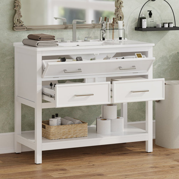 English Elm Christopher Knight Home® - 36" Modern Bathroom Vanity with Ceramic Sink, Tip-Out Tray, Soft-Close Drawers, Open Shelf, Waterproof Surface White N817P288908W
