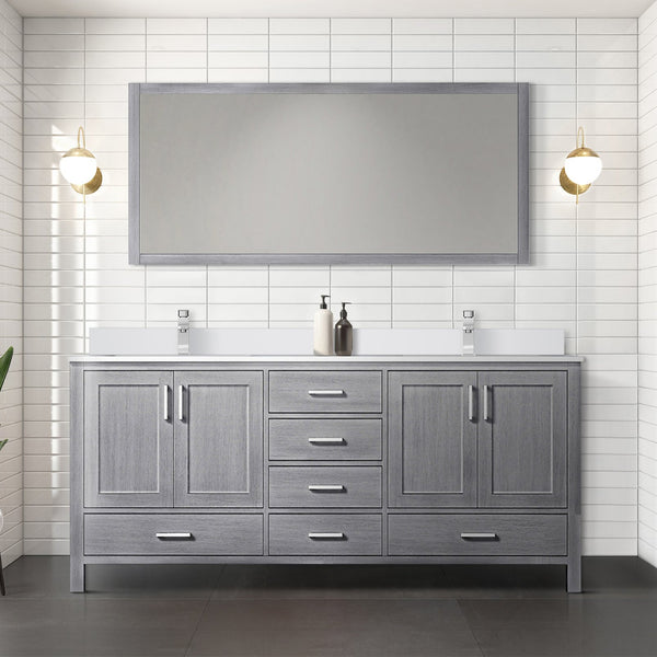 English Elm Distressed Grey Double Bath Vanity 72 in W x 22 in D with White Quartz Top, Soft-Close Drawers & 70x32 Mirror B2731S00708