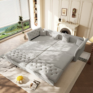 English Elm 100" Oversized Velvet Sleeper Sofa with Floral Tufted Cushions for Living Room Light Grey W1885S00302