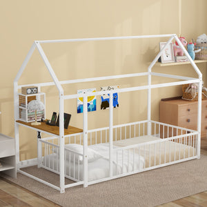 English Elm Twin House Bed Frame with Roof & Fence, Metal Twin Loft with Built-In Desk Shelves USB Outlets White N737P173490K