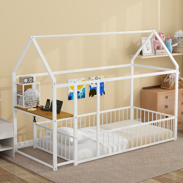 English Elm Twin House Bed Frame with Roof & Fence, Metal Twin Loft with Built-In Desk Shelves USB Outlets White N737P173490K