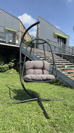 English Elm Swing Egg Chair with Stand - Foldable Rattan Hanging Basket Seat, Cushioned Comfort, Cup Holder Black W2707P388616