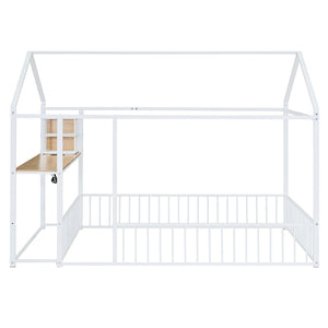 English Elm Full Size Metal House Bed Frame with Desk, Shelves, USB Power Ports & Playful Roof for Kids Room Delight White N737P173491K