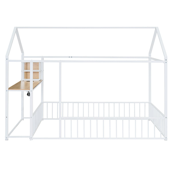 English Elm Full Size Metal House Bed Frame with Desk, Shelves, USB Power Ports & Playful Roof for Kids Room Delight White N737P173491K