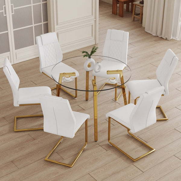 English Elm Table Modern Minimalist Round Glass Dining Set With White Pu Chairs & Gold Metal Legs For Style W1151S01715-GIGA