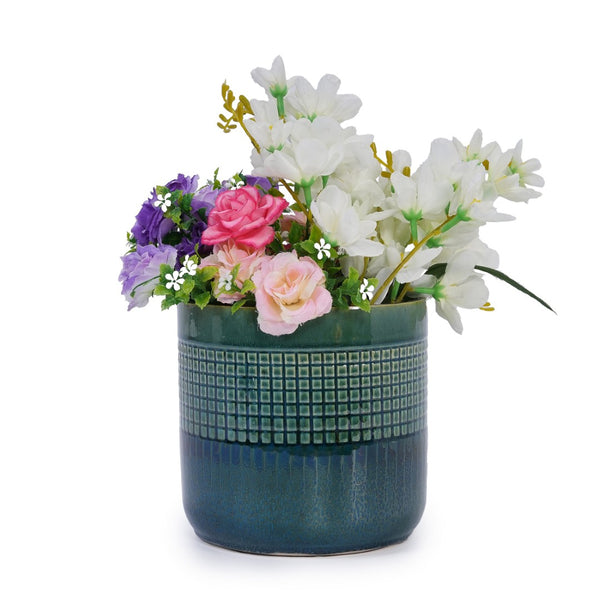 English Elm Set Of 3 Handcrafted Grid Ceramic Planters - Modern Blue-Green Flowerpots For Home & Garden Decor W3273P322259-GIGA