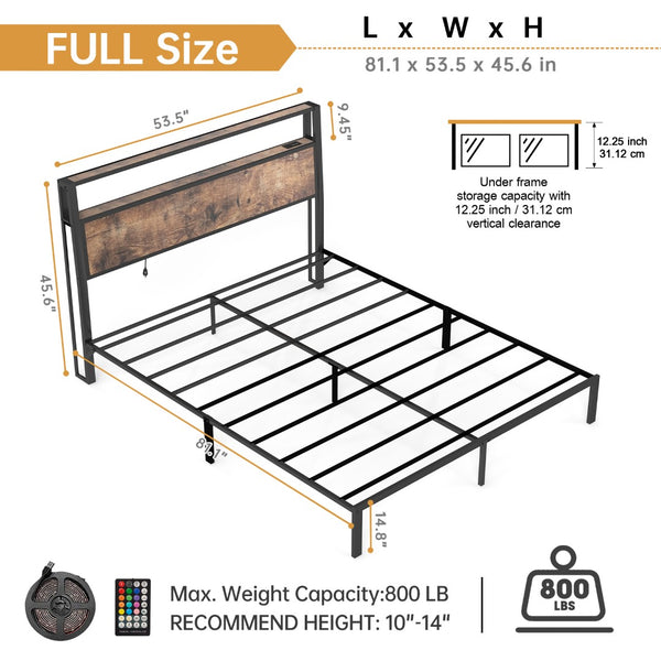English Elm Full Metal Bed Frame with Rgb Led Headboard Shelving and Built-in Charging Ports Brown T3963P483793