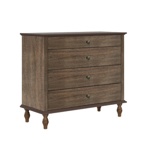 English Elm Large Antique Style 4-drawer Chest with Crown Molding Roman Legs Bedroom Storage Deep Rustic Brown W1445P422422