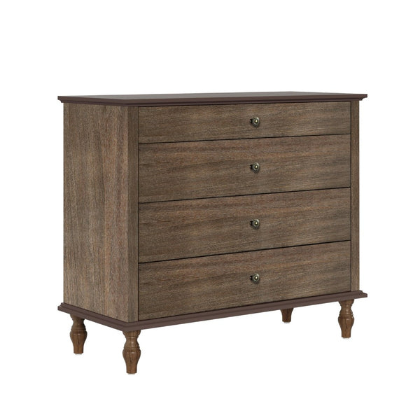 English Elm Large Antique Style 4-drawer Chest with Crown Molding Roman Legs Bedroom Storage Deep Rustic Brown W1445P422422