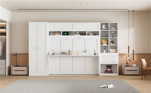English Elm Queen Murphy Wall Bed Cabinet System with Wardrobe Drawers and Shelving in White Mdf LP000384AAK-1