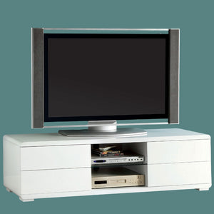 English Elm Contemporary Curved Shelving TV Console with Chrome Poles, High Gloss Lacquer Finish, Sleek Design White 62 L x 18 W x 19 H B2741P362562