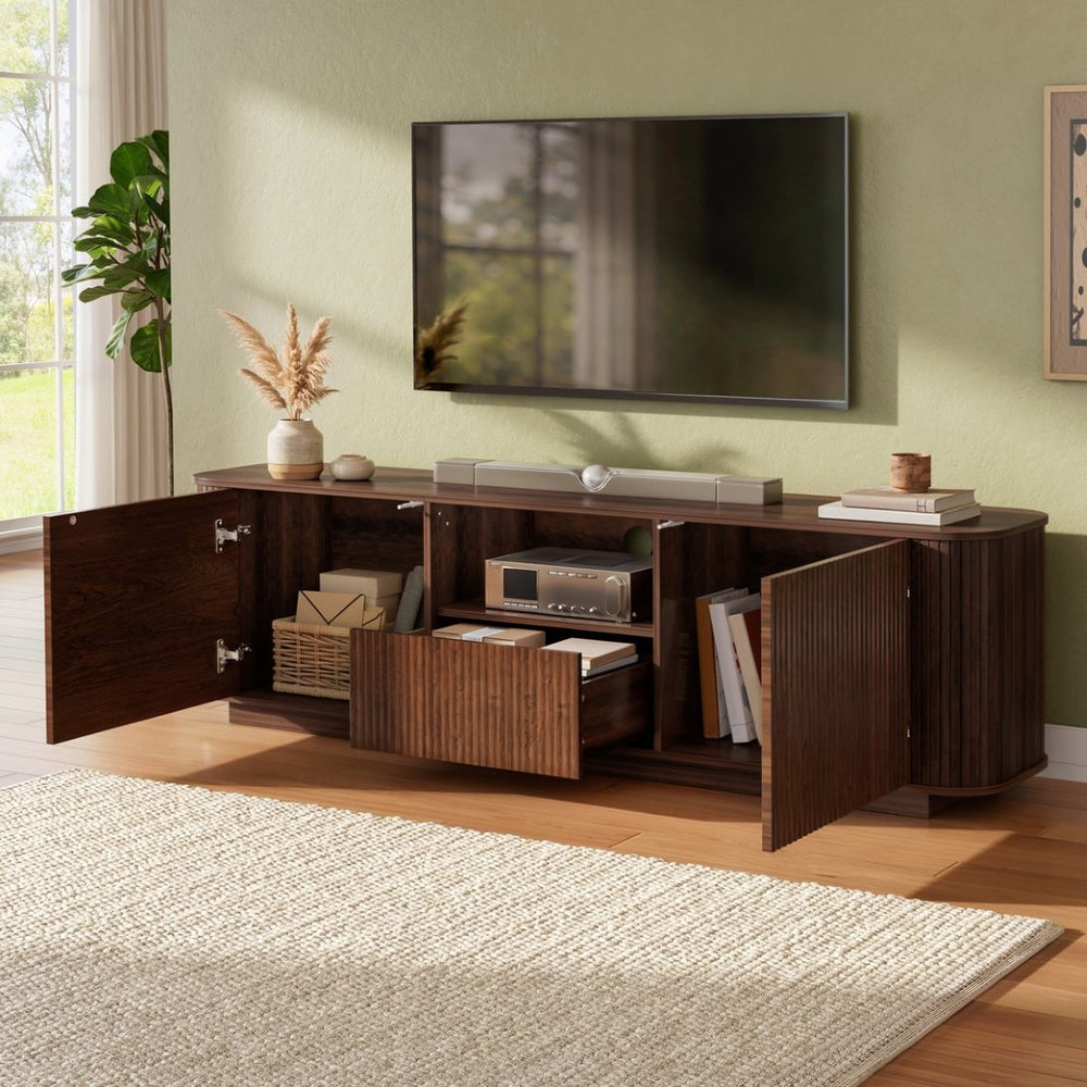 English Elm 70-inch Media Console with Sliding Groove Doors Solid Pine Legs and Cable Management N710P427899P
