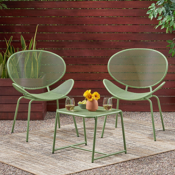 English Elm Christopher Knight Home® - ELBA Modern Mesh Shell Chat Set with Powder-Coated Iron Frame, Retro Minimal Outdoor Seating Green N775P250740G