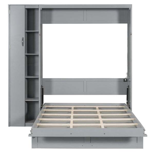 English Elm Full Size Murphy Bed with Open Shelving Wardrobe and Led Lighting for Studio Spaces Gray LP000898AAE-1