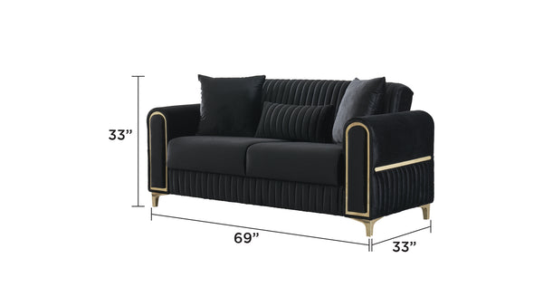 English Elm Melody Velvet Upholstered Sleeper Loveseat with Gold Accents, Vertical Tufting & Convertible Comfort Black B009S01834