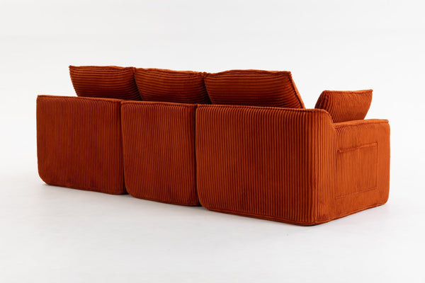 English Elm L Shaped Corduroy Modular Sectional with Cloud Cushions Footstool and Lumbar Pillows Orange W395S00137