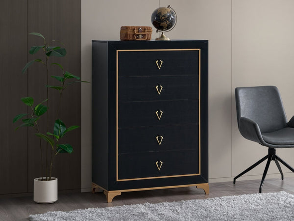 English Elm Kramer 5-drawer Chest Black Wood Laminate Gold Trim Glam Bedroom Storage B078P497917