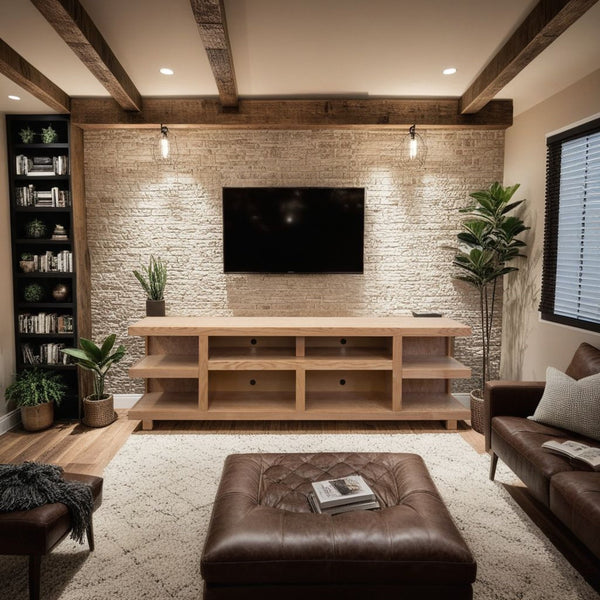 English Elm Laurel Canyon 85" Tv Stand For Tvs Up To 95", Fully Assembled, Rustic Oak Finish, Open Shelving Design B108P292267