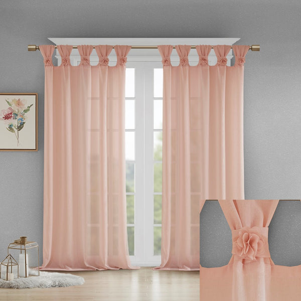 English Elm Floral Tab-Top Curtain Panel - Soft Blush Faux Linen, Removable Rosette Pins For Chic Décor Style B03598197