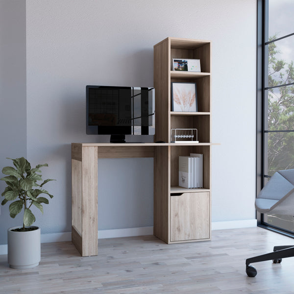 English Elm Oiwa Grey Computer Desk with 4-Tier Bookcase & Cabinet — Compact Engineered Wood Workspace, Storage B200P188857