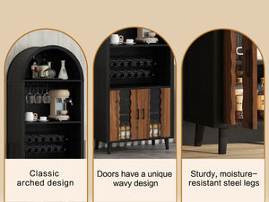 English Elm 71"Farmhouse Arched Wine Bar Cabinet with 15 Bottle Racks, 16 Glass Holders, Anti-Tip Safety for Living/Dining Black+Natural W2977P338242