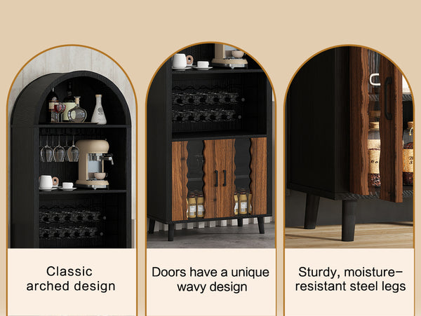 English Elm 71"Farmhouse Arched Wine Bar Cabinet with 15 Bottle Racks, 16 Glass Holders, Anti-Tip Safety for Living/Dining Black+Natural W2977P338242