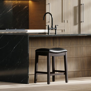 English Elm 26in. Counter Height Hardwood Barstool Nailhead Faux Leather Seat Kitchen Dining Black B2751P436418
