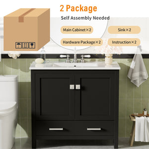 English Elm 72" Black Bathroom Vanity Set with Double Ceramic Sinks, Soft-Close Doors, Divided Drawer, Ample Storage and Solid Wood Frame for Durable Modern Style N729P000006B