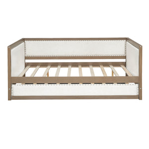 English Elm Full Upholstered Daybed with Trundle, Nailhead Trim, Solid Wood & Linen, Space-Saving 600lbs Capacity DL000588AAD