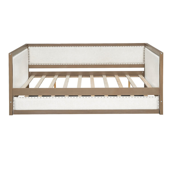 English Elm Full Upholstered Daybed with Trundle, Nailhead Trim, Solid Wood & Linen, Space-Saving 600lbs Capacity DL000588AAD