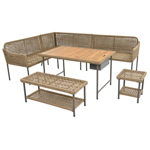 English Elm K&K 6-Piece Rope Patio L-Shaped Sectional Set with Acacia Wood Ice Box Table and Deep Cushions Beige+Brown N707S000014Z