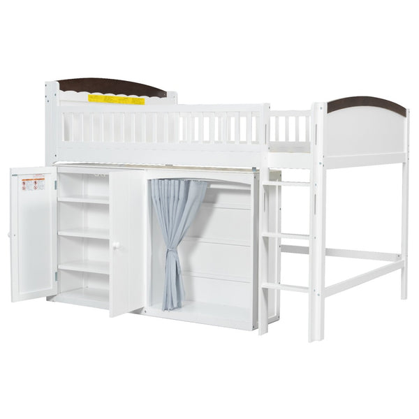 English Elm Twin Loft Bed with Wardrobe Cabinet Led Lighting and Pine Frame for Kids Rooms White N7090002236K