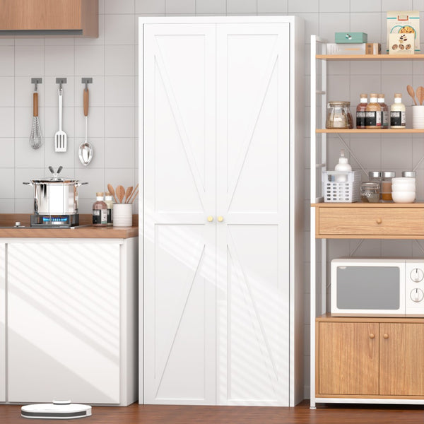 English Elm 2 Door Steel Pantry Cabinet Powder Coated Finish Gold Hardware Adjustable Shelves Tall Storage White T3625P366652
