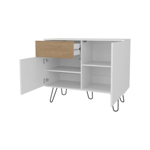English Elm White White and Natural Oak Sideboard with Hairpin Legs — Modern Rustic Storage, 4 Shelves + Drawer 39"W B062P290287