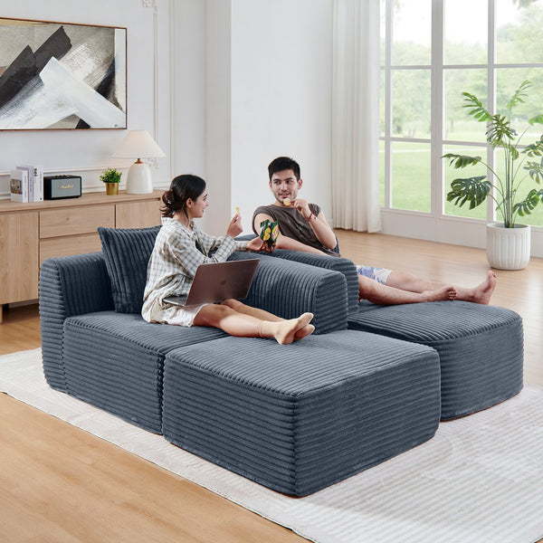 English Elm 114" Cloud Sectional Couch with L-Shape Chaise Modular Corduroy Sofa with Movable Ottoman, No Assembly Required, Plush Comfort for Living Spaces Grey W1117P371652