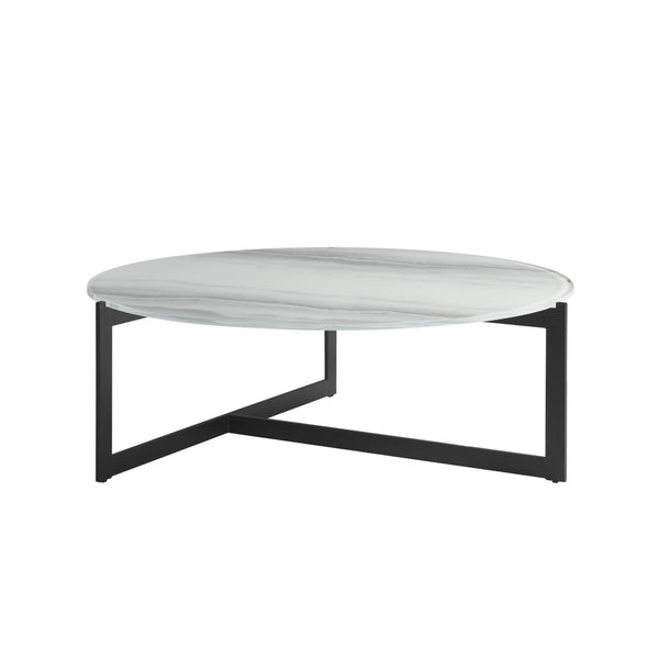 English Elm Krike Industrial Round Coffee Table Tempered Glass Top Steel Cross Leg Living Room Multicolor B2736S00026