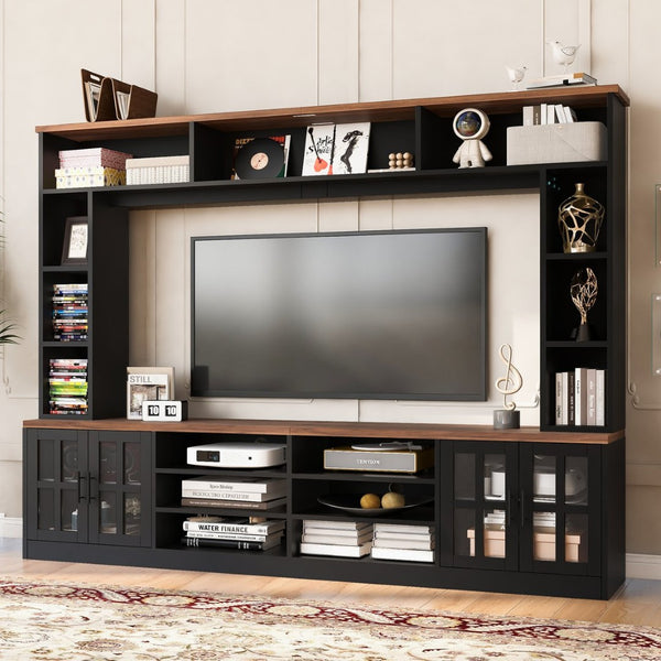 English Elm 95.5" Modern Farmhouse Wall Unit Mdf Bookshelf with Tempered Glass Cabinet Doors Black SJ000161AAB