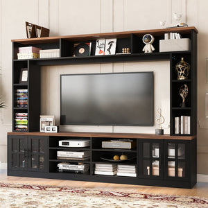 English Elm 95.5" Wide Modern Farmhouse Wall Unit with Tempered Glass Cabinets and Bookshelf Storage Black SJ000157AAB