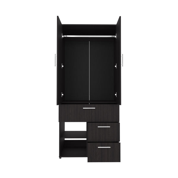 English Elm Armoire with Built-In Mirror and Ample Storage — 4 Doors, 2 Drawers, 4 Shelves, Eco-Friendly Finish Black 74.02 L x 24.8 W x 3.54 H B097S00215