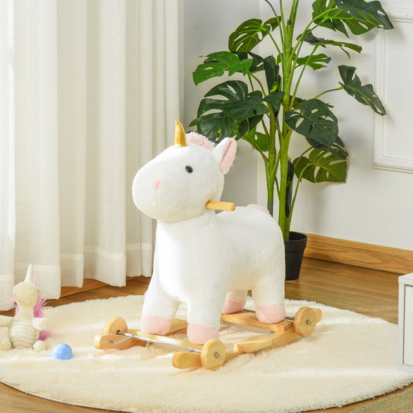 English Elm Qaba Plush Unicorn Rocker Ride on Toy with Wood Base Sound and Rolling Play W2225P229214