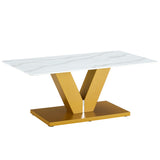 English Elm Modern Minimalist Coffee Table. Tempered Glass With Stickers Tabletop,Golden Mdf Pillars. Suitable For Living Room and Dining Room