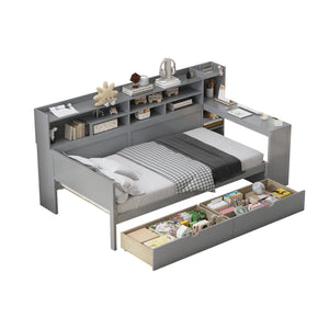 English Elm Wooden Twin Daybed with Built-In Desk, Side Shelves and Dual Drawers for Smart Space Saving Gray 54.9 L x 18.75 W x 5.6 H N733S241484E