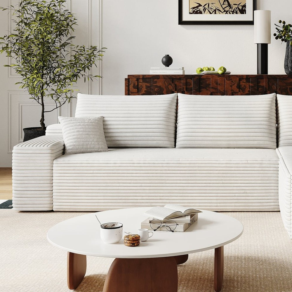 English Elm Y119-3r-white Plush Corduroy Modular Sectional with Reversible Chaise for Living Rooms W2824P338976