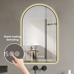 English Elm 28"x48"Arched LED Mirror with Clock & Thermometer, Anti-Fog, Dimmable 3-Color Backlight, Black Frame W2709P242512
